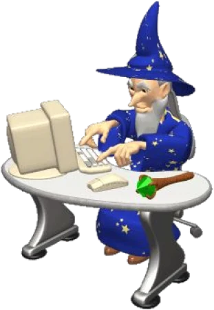 A clip-art wizard in a starred blue robe typing at a desktop computer.